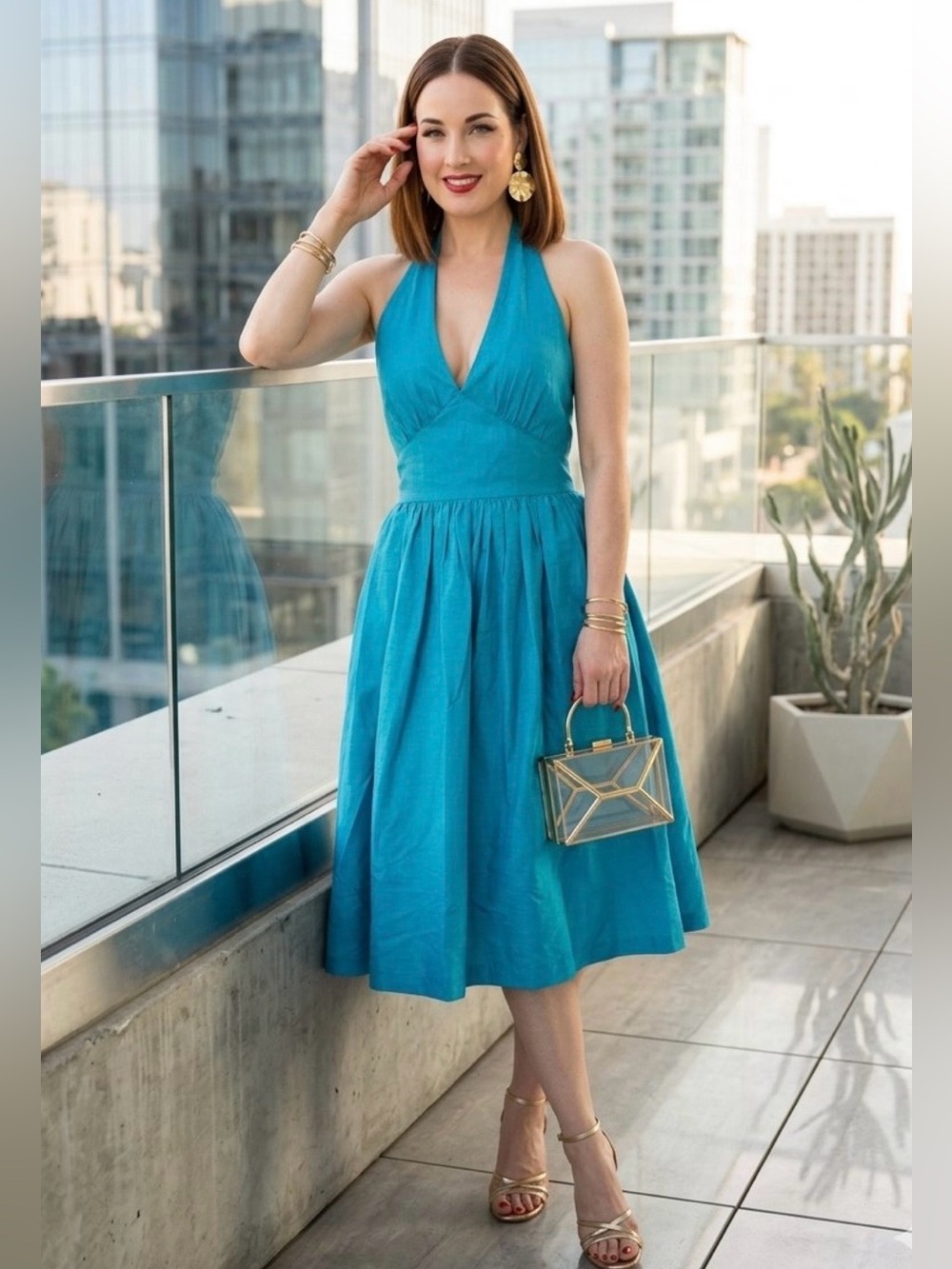 NWT Frances Valentine Lydia Halter Cocktail Dress Blue Poly Dupion Size L $348